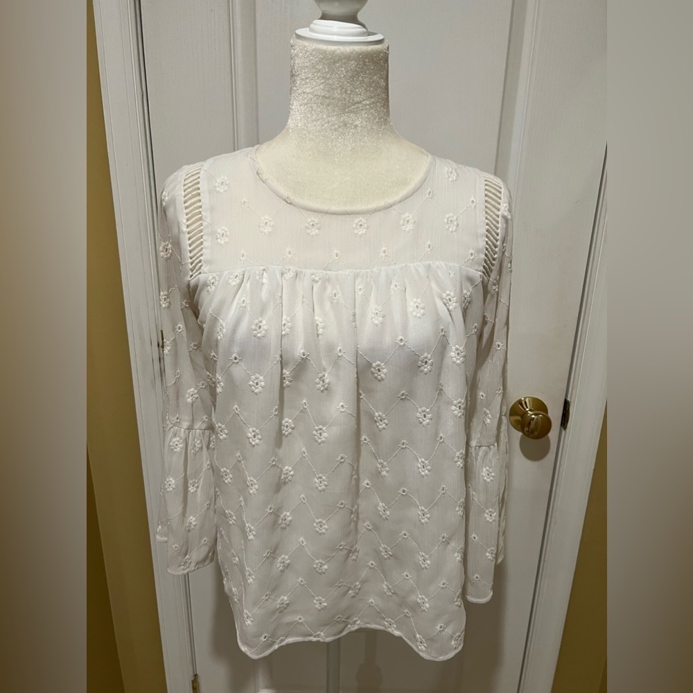 Ann Taylor Loft Lined Eyelet Baby Doll Blouse Size XSP BOHO Bell Sleeve Top
